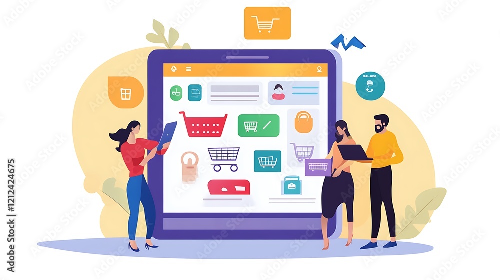 Online shopping, group using tablet, digital interface Online shopping, group using tablet, digital interface