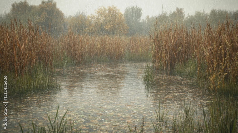 Rainy Day Reflections in a Serene Wetland Landscape Nature Tranquil Environment Autumn Vibes Close-Up Perspective Rainy Day Reflections in a Serene Wetland Landscape Nature Tranquil Environment Autumn Vibes Close-Up Perspective