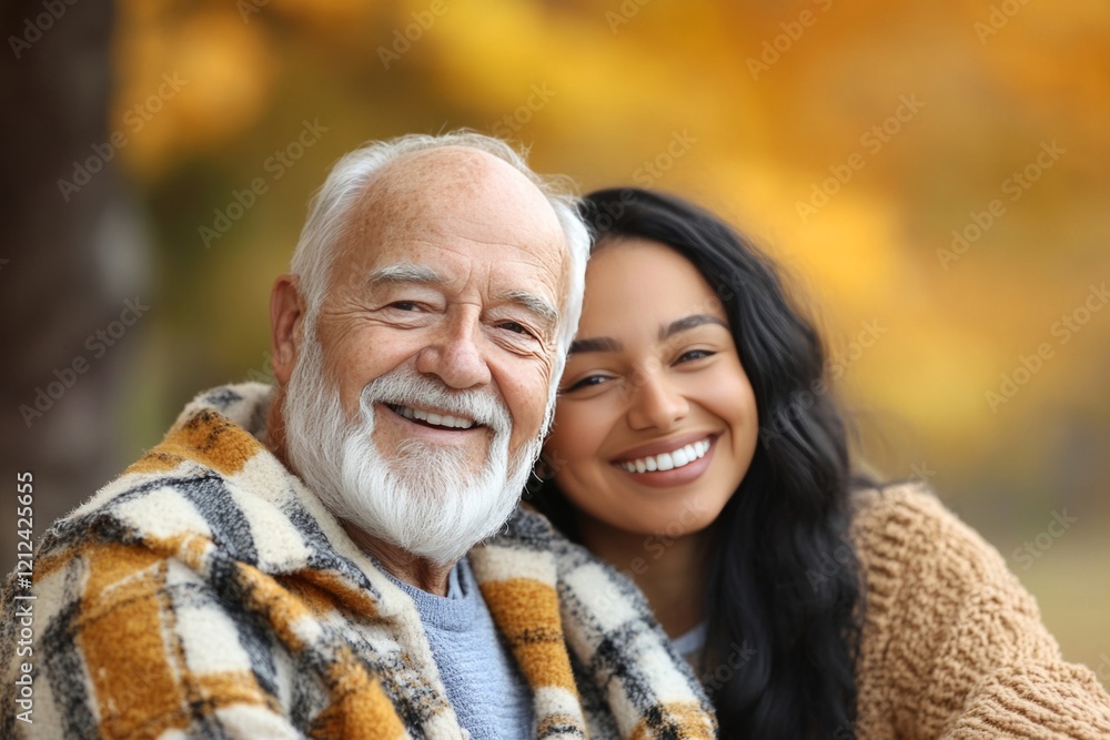 Smiling senior man sharing autumn walk with young hispanic granddaughter, warmly connecting across generations in colorful park setting