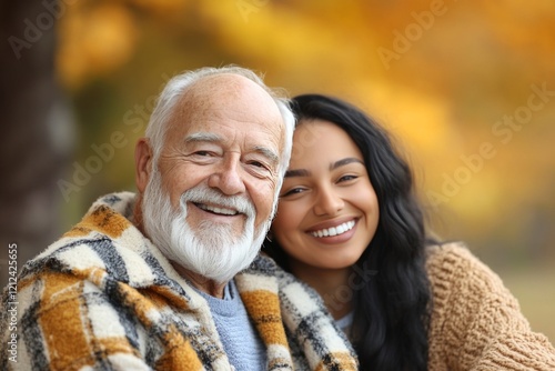 Obraz na płótnie Smiling senior man sharing autumn walk with young hispanic granddaughter, warmly connecting across generations in colorful park setting w salonie