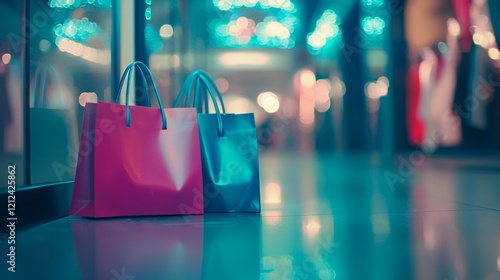 Shopping Bags at Night in a Bright City Mall photo