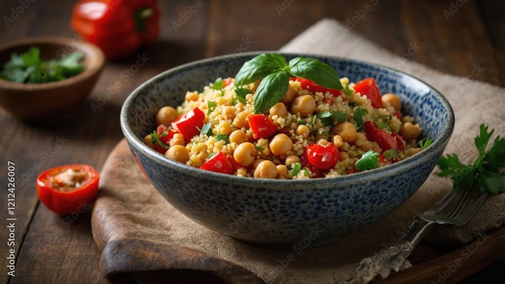 A colorful chickpea salad with couscous, tomatoes, and herbs in a rustic setting. A colorful chickpea salad with couscous, tomatoes, and herbs in a rustic setting.