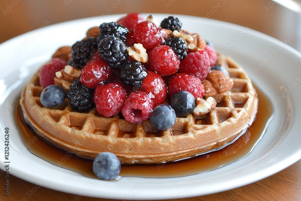Nutritious waffles for breakfast. Delicious waffle topped with fresh berries and syrup. Nutritious waffles for breakfast. Delicious waffle topped with fresh berries and syrup.