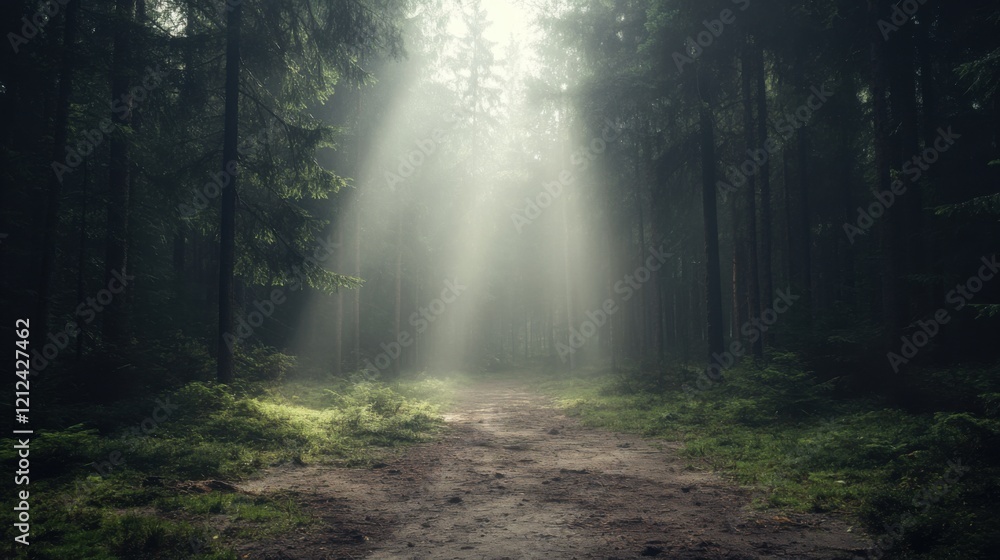 Obraz premium Mysterious Forest Light Breaking Through Trees Enchanted Woodland Nature Serene Atmosphere Ground Level View Tranquility and Wonder