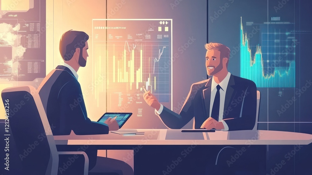 Two businessmen discuss business strategy and financial data displayed on a digital screen. Two businessmen discuss business strategy and financial data displayed on a digital screen.