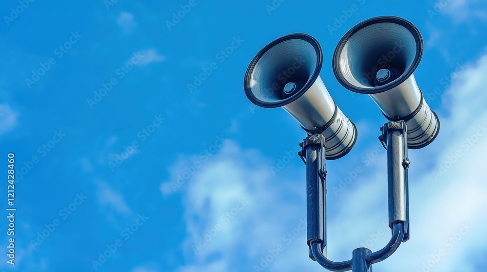 Two large horn loudspeakers mounted on a metal pole project a public announcement, their sound echoing against the clear blue sky. Two large horn loudspeakers mounted on a metal pole project a public announcement, their sound echoing against the clear blue sky.