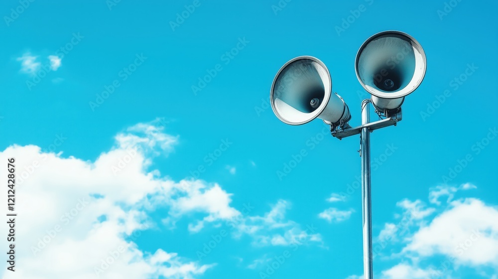 Two large horn loudspeakers mounted on a metal pole project a public announcement, their sound echoing against the clear blue sky. Two large horn loudspeakers mounted on a metal pole project a public announcement, their sound echoing against the clear blue sky.