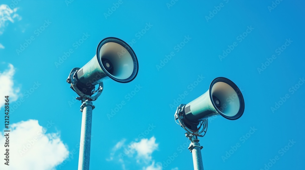 Two large horn loudspeakers mounted on a metal pole project a public announcement, their sound echoing against the clear blue sky. Two large horn loudspeakers mounted on a metal pole project a public announcement, their sound echoing against the clear blue sky.