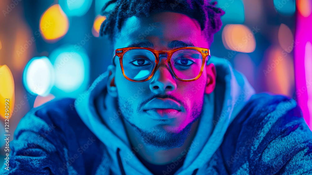 Neon-lit Portrait of a Young Man with Glasses Neon-lit Portrait of a Young Man with Glasses