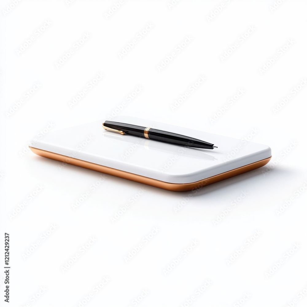 Elegant pen resting on a sleek, minimalistic writing pad. Elegant pen resting on a sleek, minimalistic writing pad.