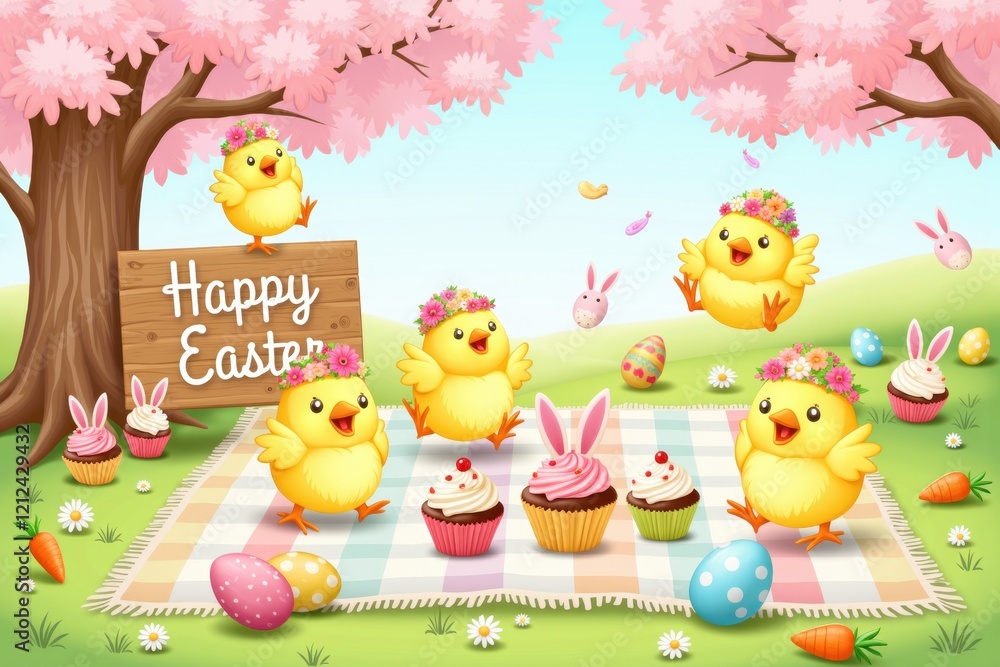 Obraz premium Fluffy yellow chicks with floral hats hopping around an Easter picnic blanket filled with treats under a blooming tree, festive celebration concept. Cartoon illustration for children's books 