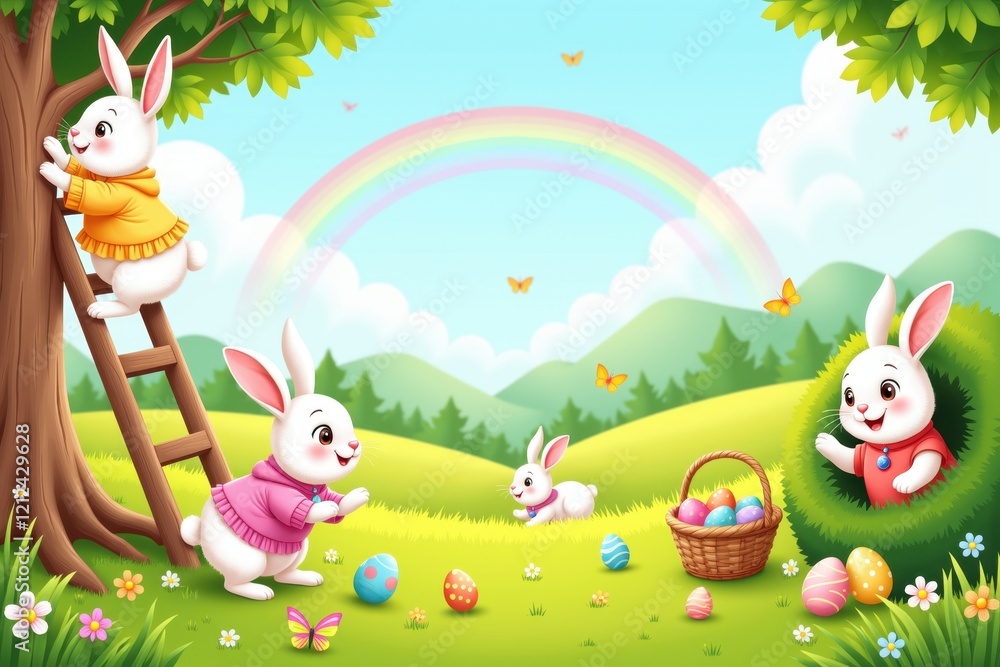 Obraz premium Colorful bunnies joyfully organizing an Easter egg hunt in a sunny meadow, vibrant celebration of springtime fun and creativity. Cartoon illustration for children's books 