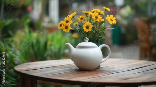 Wallpaper Mural The simple elegance of a white teapot and yellow flowers in a vase adorns a rustic wooden table, set in a peaceful garden. Torontodigital.ca