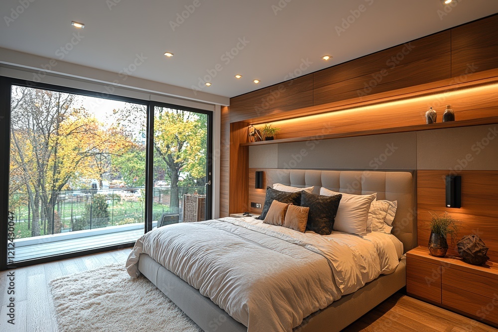 Modern bedroom design featuring a wall-mounted headboard and smart high fidelity features urban setting interior cozy atmosphere Modern bedroom design featuring a wall-mounted headboard and smart high fidelity features urban setting interior cozy atmosphere