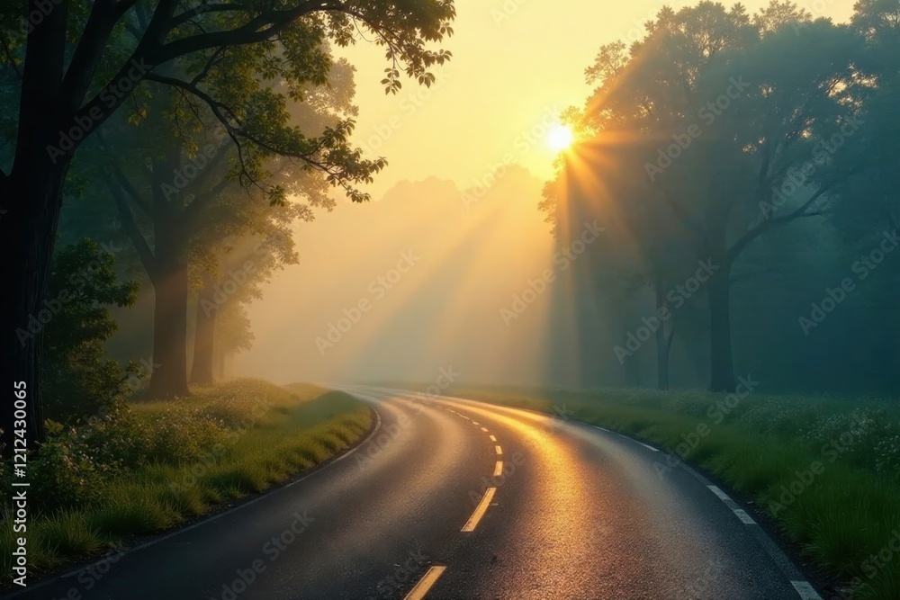 Naklejka premium Misty morning, sunbeams pierce canopy, winding road , curve, canopy