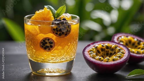 A refreshing cocktail garnished with tropical fruits and herbs, served in a crystal glass. photo