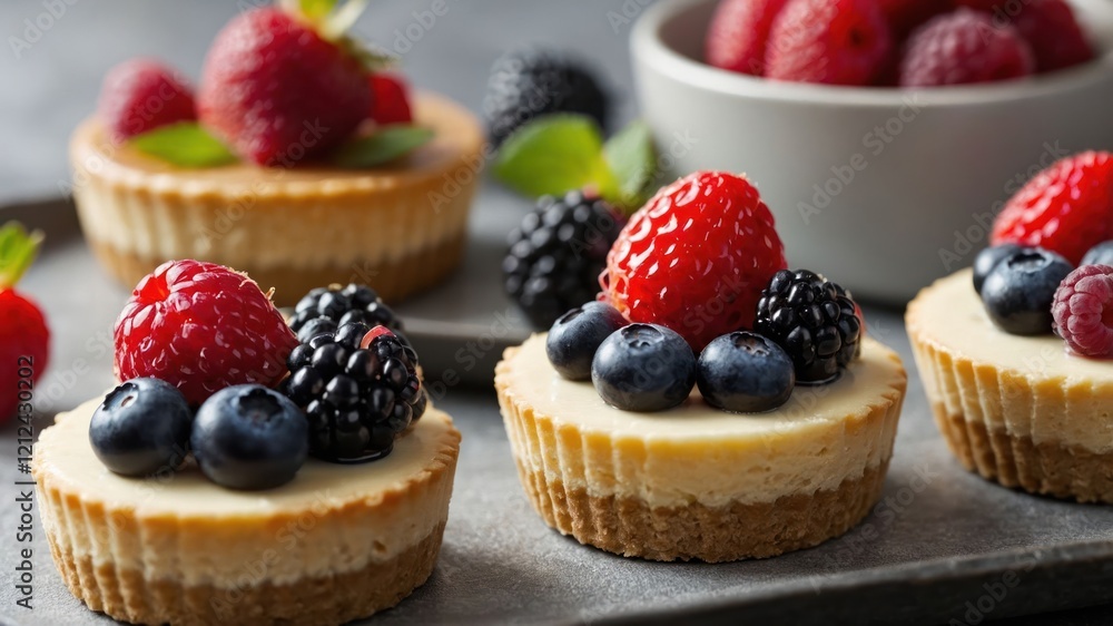 Delicious mini cheesecakes topped with fresh berries on a serving tray. Delicious mini cheesecakes topped with fresh berries on a serving tray.
