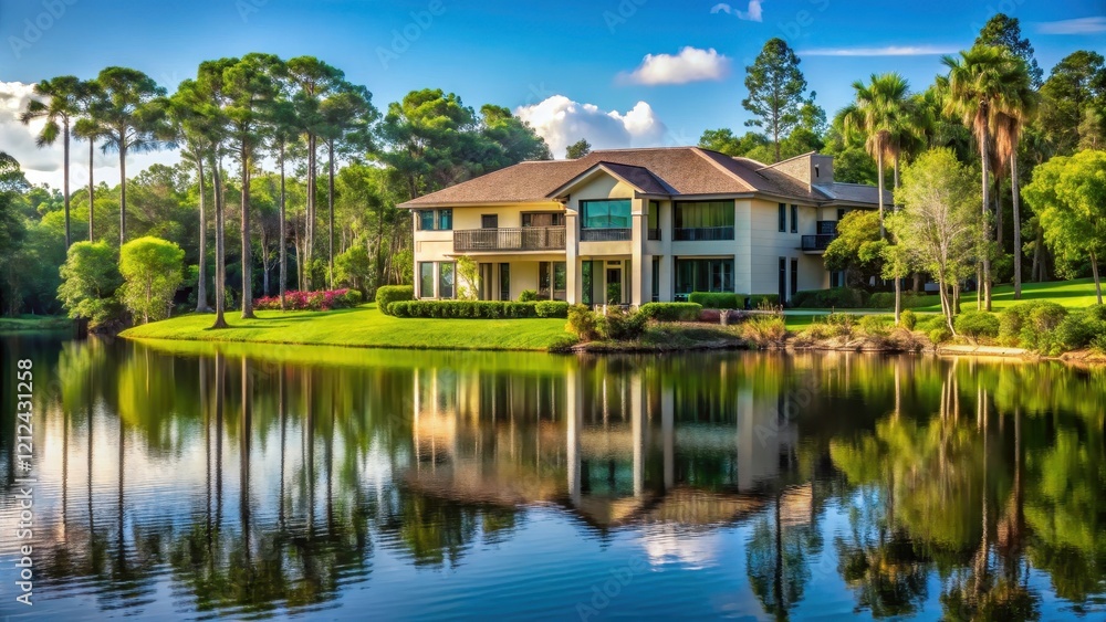 Modern residential house over a serene lake with lush greenery and tall trees surrounding it in Florida, tropical Modern residential house over a serene lake with lush greenery and tall trees surrounding it in Florida, tropical