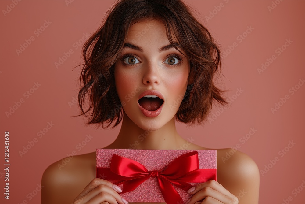 Young excited smiling excited caucasian happy woman with short hairdo hold large gift voucher flyer mock up looking camera isolated on pastel pink color background studio Young excited smiling excited caucasian happy woman with short hairdo hold large gift voucher flyer mock up looking camera isolated on pastel pink color background studio