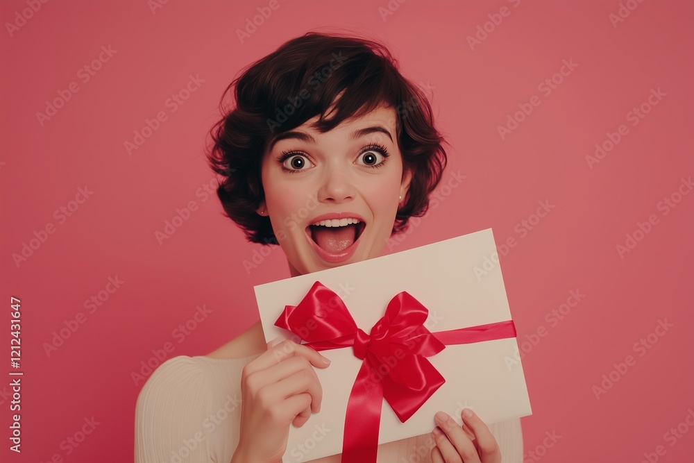 Young excited smiling excited caucasian happy woman with short hairdo hold large gift voucher flyer mock up looking camera isolated on pastel pink color background studio Young excited smiling excited caucasian happy woman with short hairdo hold large gift voucher flyer mock up looking camera isolated on pastel pink color background studio