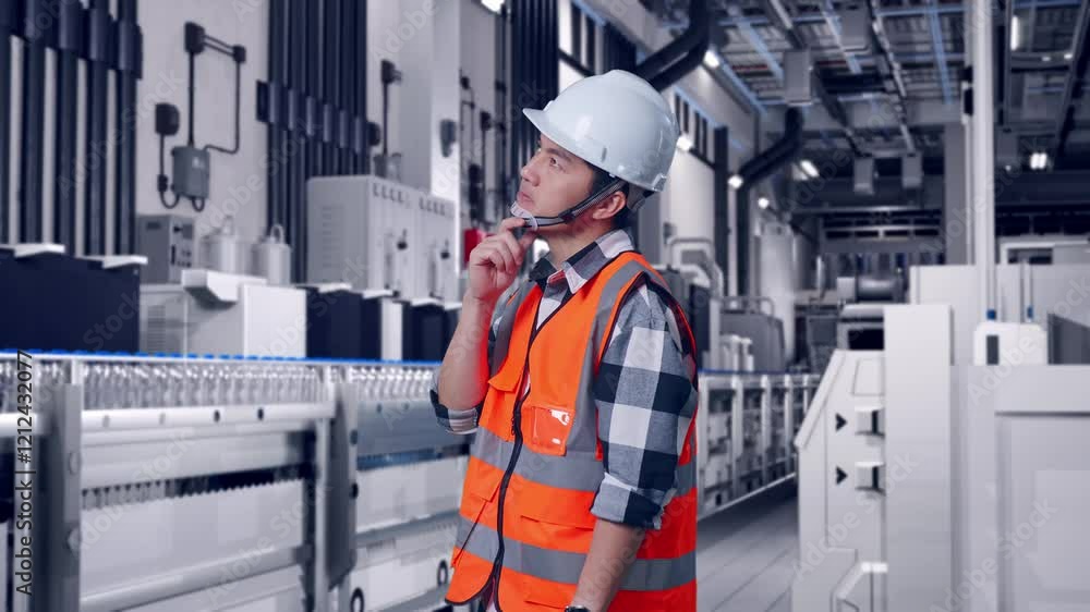 Side View Of Asian Male Engineer With Safety Helmet Thinking And Looking Around Then Raising His Index Finger While Standing With Water Production in Bottling Factory Side View Of Asian Male Engineer With Safety Helmet Thinking And Looking Around Then Raising His Index Finger While Standing With Water Production in Bottling Factory