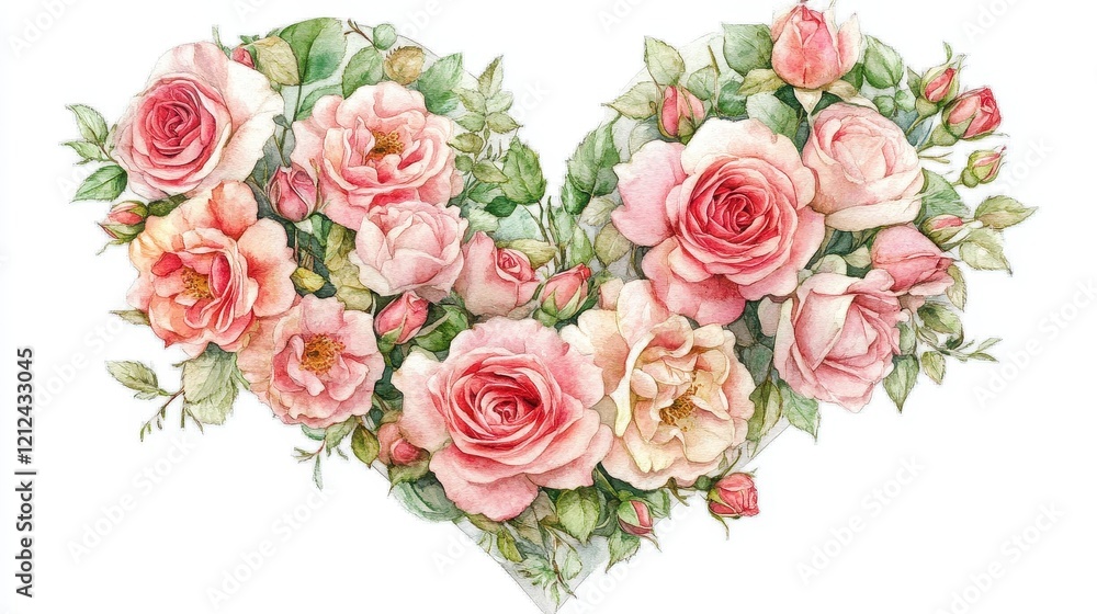 A heart surrounded by blooming roses, romantic concept, watercolor illustration, soft pastel hues, isolated on white background A heart surrounded by blooming roses, romantic concept, watercolor illustration, soft pastel hues, isolated on white background