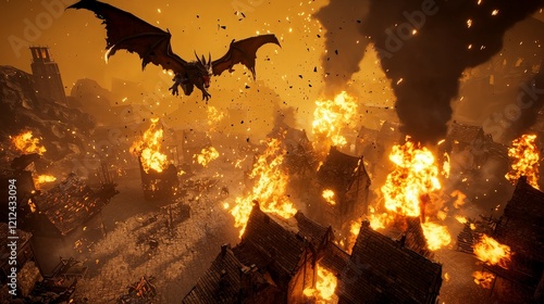 Dragon attacks medieval town, fiery chaos. Fantasy game artwork.