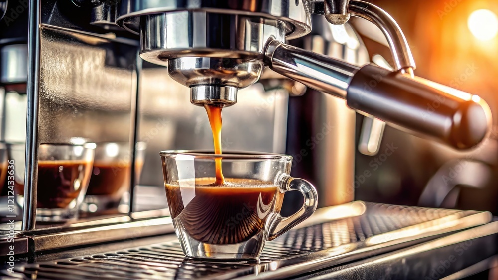 Espresso machine pours fresh black coffee closeup, coffee brewing Espresso machine pours fresh black coffee closeup, coffee brewing