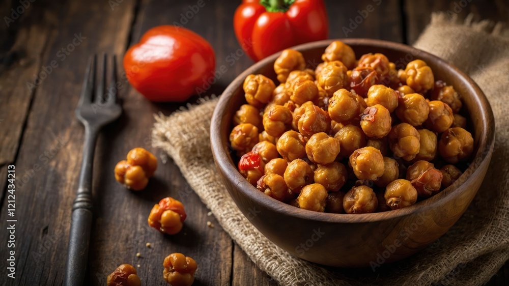 A bowl of crispy chickpeas with fresh vegetables on a rustic wooden table. A bowl of crispy chickpeas with fresh vegetables on a rustic wooden table.