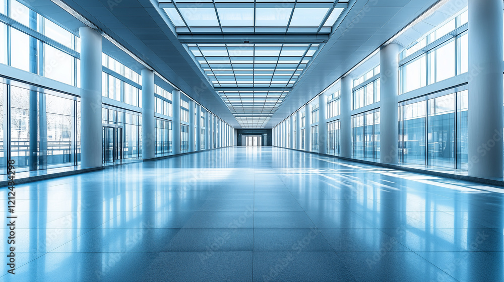 Modern glass blue corridor with reflections and sunlight Modern glass blue corridor with reflections and sunlight