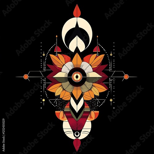 Abstract floral design, symmetrical pattern, decorative element, graphic art photo