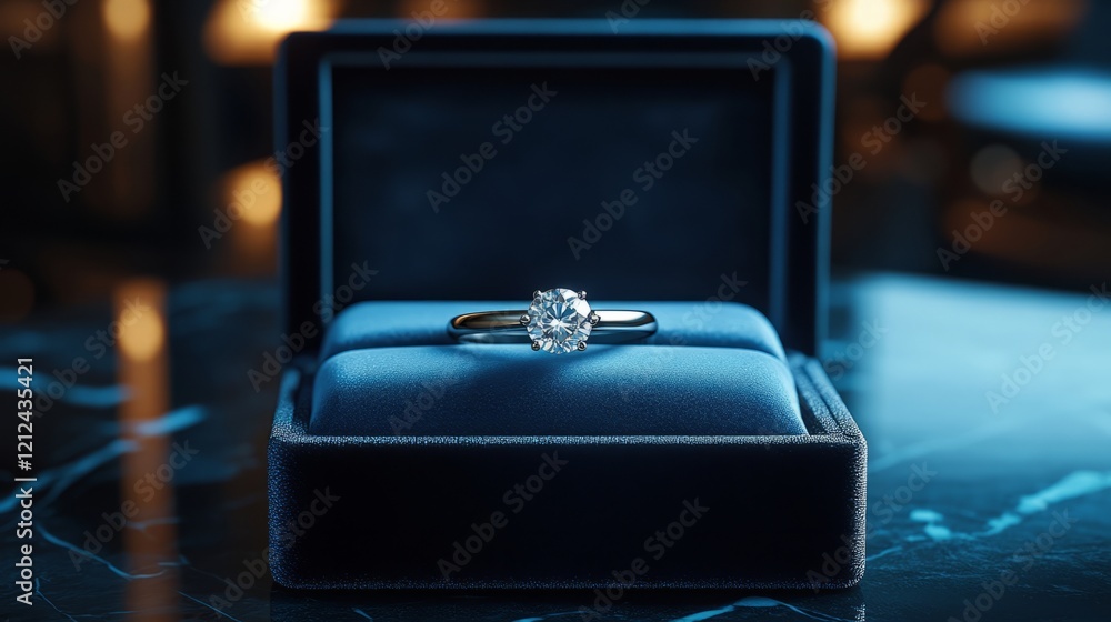 Solitaire diamond ring with a delicate platinum band, housed in a luxurious deep blue velvet box, softly glowing Solitaire diamond ring with a delicate platinum band, housed in a luxurious deep blue velvet box, softly glowing