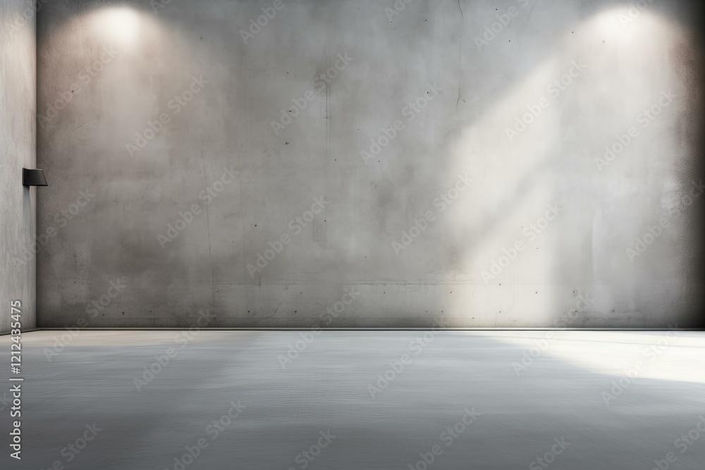 Empty concrete room interior with spotlights and sunlight illuminating the wall, perfect for showcasing products or designs Empty concrete room interior with spotlights and sunlight illuminating the wall, perfect for showcasing products or designs
