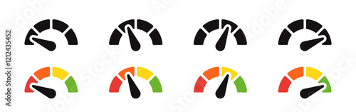 Speedometer icons set. Speed indicator, Internet car speed. Performance concept. Speedometer set. Fast speed sign. Vector illustration.