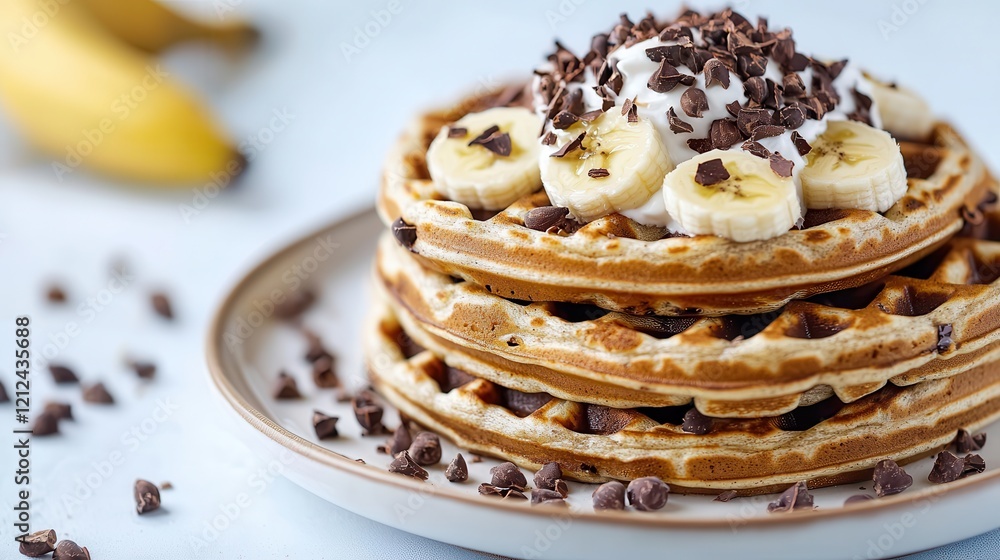 Nutritious waffles for breakfast. Delicious waffles topped with bananas and chocolate sprinkles. Nutritious waffles for breakfast. Delicious waffles topped with bananas and chocolate sprinkles.