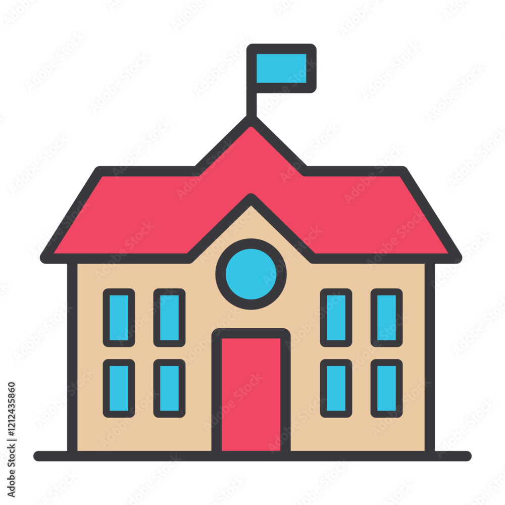 School building icon vector, high school building flat icon, colorful school building in flat trendy style illustration isolated on white background. School building icon vector, high school building flat icon, colorful school building in flat trendy style illustration isolated on white background.