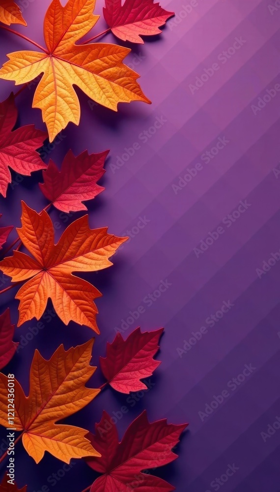 Dry orange metallic leaves, violet background Geometric autumnal design , dried leaves, graphic Dry orange metallic leaves, violet background Geometric autumnal design , dried leaves, graphic