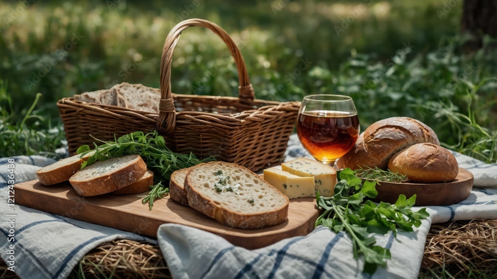 A picnic scene featuring bread, cheese, herbs, and a drink in a natural setting. A picnic scene featuring bread, cheese, herbs, and a drink in a natural setting.