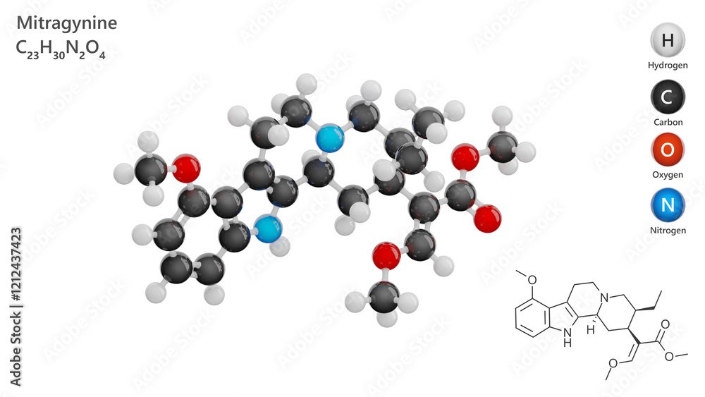 Molecule: Mitragynine. Drug. Molecular structure. Formula: C23H30N2O4. Chemical model: Ball and stick. White background. 3D illustration. Molecule: Mitragynine. Drug. Molecular structure. Formula: C23H30N2O4. Chemical model: Ball and stick. White background. 3D illustration.