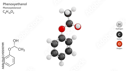 Molecule: Phenoxyethanol. Molecular structure. Formula: C8H10O2. Chemical model: Ball and stick. White background. 3D illustration. photo