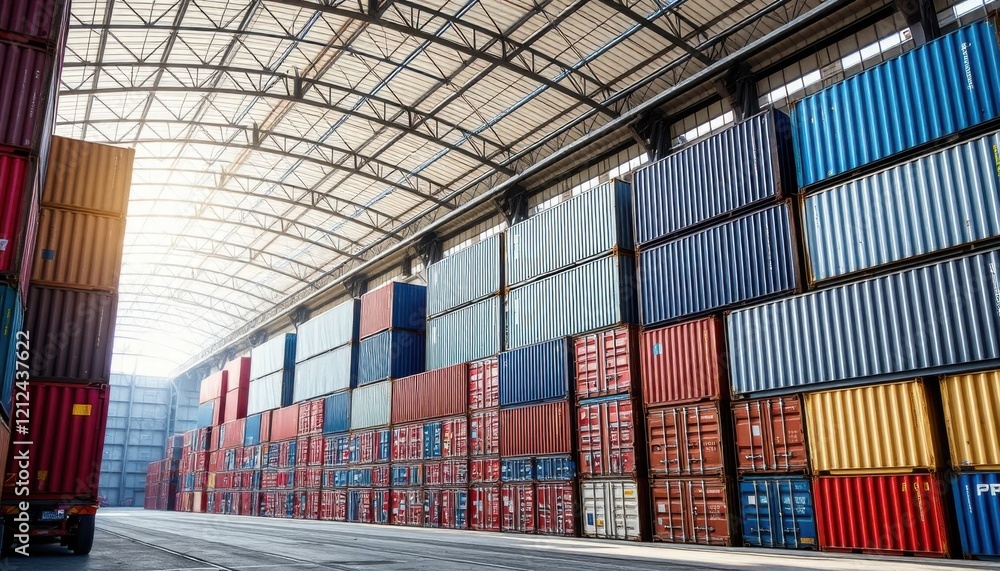 Fototapeta premium A large warehouse with many containers stacked up