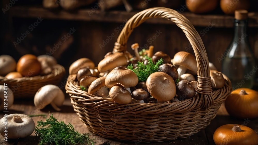 A woven basket filled with various mushrooms and herbs on a rustic wooden surface. A woven basket filled with various mushrooms and herbs on a rustic wooden surface.