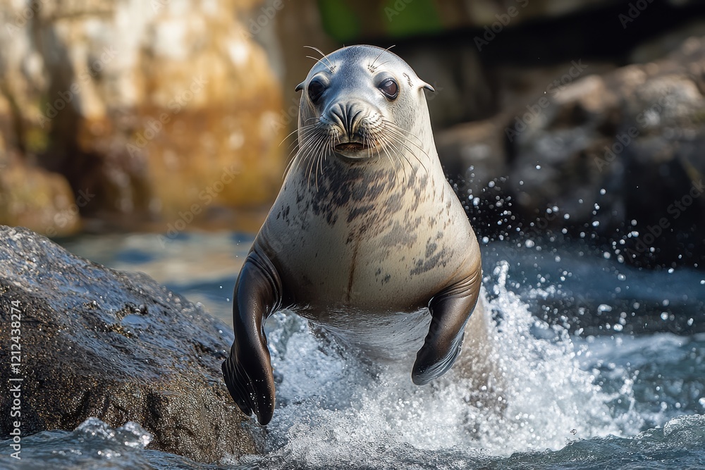 Obraz premium Sea lion gracefully leaps from rocky shore into clear water during sunny day
