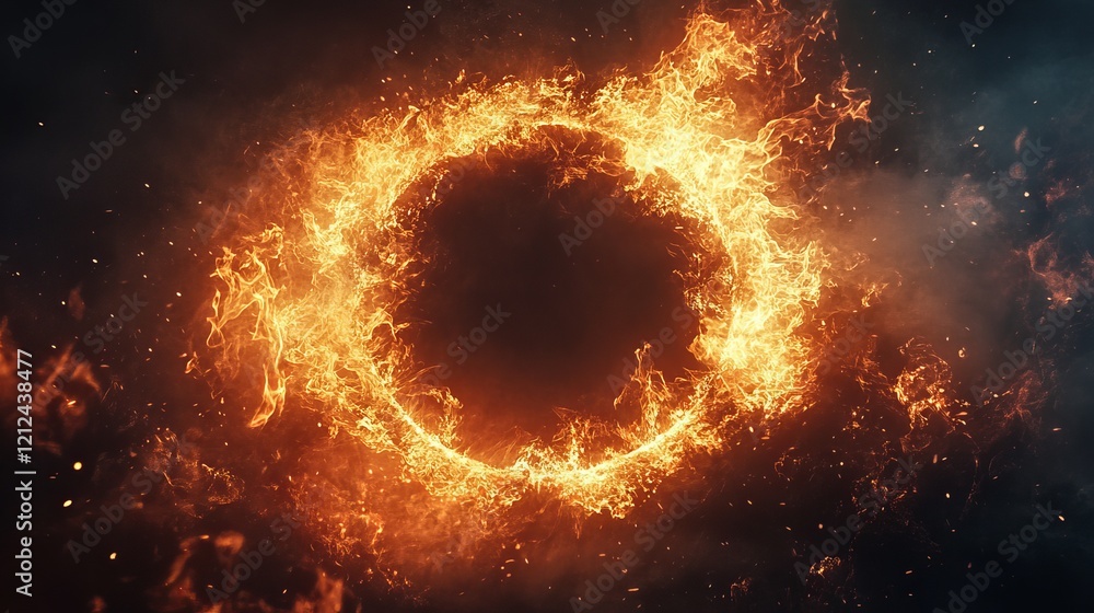 Fototapeta premium Vibrant Circular Flames Dancing in Midnight Black Background Creating an Enigmatic Fiery Atmosphere