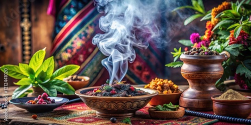 Aromatic smoke wafts from a clay bowl filled with hookah tobacco, surrounded by exotic plants and colorful fabrics photo