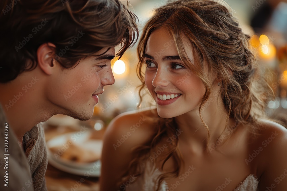 Young couple sharing a joyful moment over dinner in a cozy setting Young couple sharing a joyful moment over dinner in a cozy setting