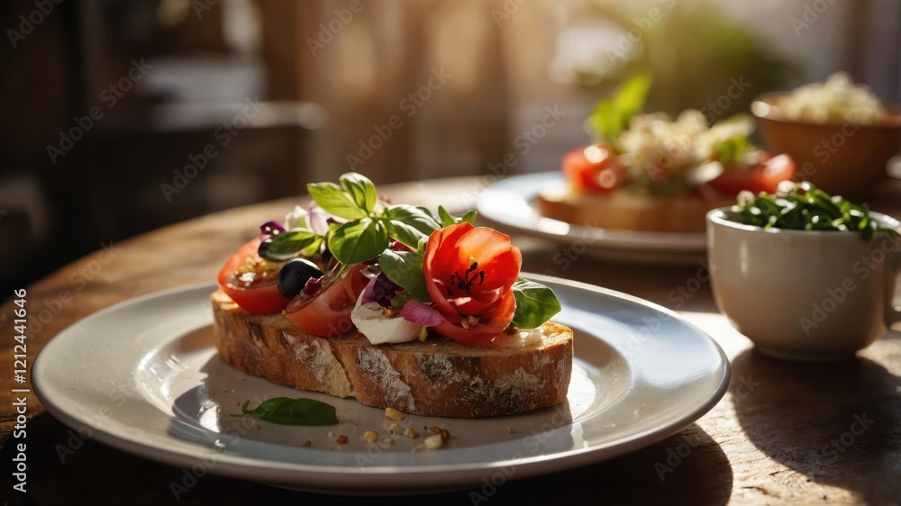 A beautifully arranged open-faced sandwich topped with fresh vegetables and herbs. A beautifully arranged open-faced sandwich topped with fresh vegetables and herbs.