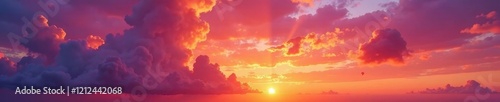 Fiery orange and purple clouds blaze across a vast, vibrant sunset sky , horizon, fiery, background