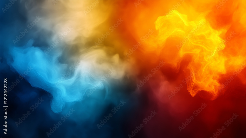 Fototapeta premium Abstract digital artwork blending vibrant orange and yellow flames with deep blue and teal smoke. Smooth, fluid textures create dynamic contrast, symbolizing the harmony of fiery warmth and cool ether
