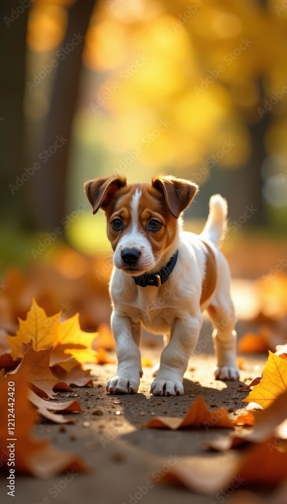 Jack Russell puppy explores autumn alleyway, sunlit leaves , exploring, fall, foliage Jack Russell puppy explores autumn alleyway, sunlit leaves , exploring, fall, foliage